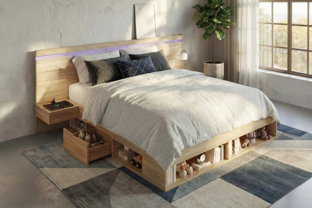 DESMIU Lit Matrimoniale 180 × 200 cm con 2 comodini, cassetti, USB e Type-C, LED, senza materasso, in MDF, naturale