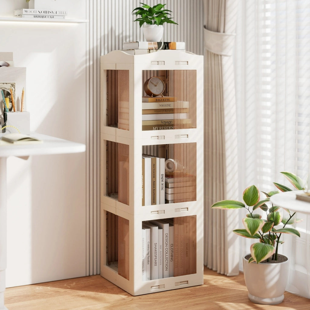 Libreria girevole pieghevole a 3 livelli per soggiorno e studio, Scaffale girevole a 360¡ã con base rotante per esposizione Bianco-Librerie