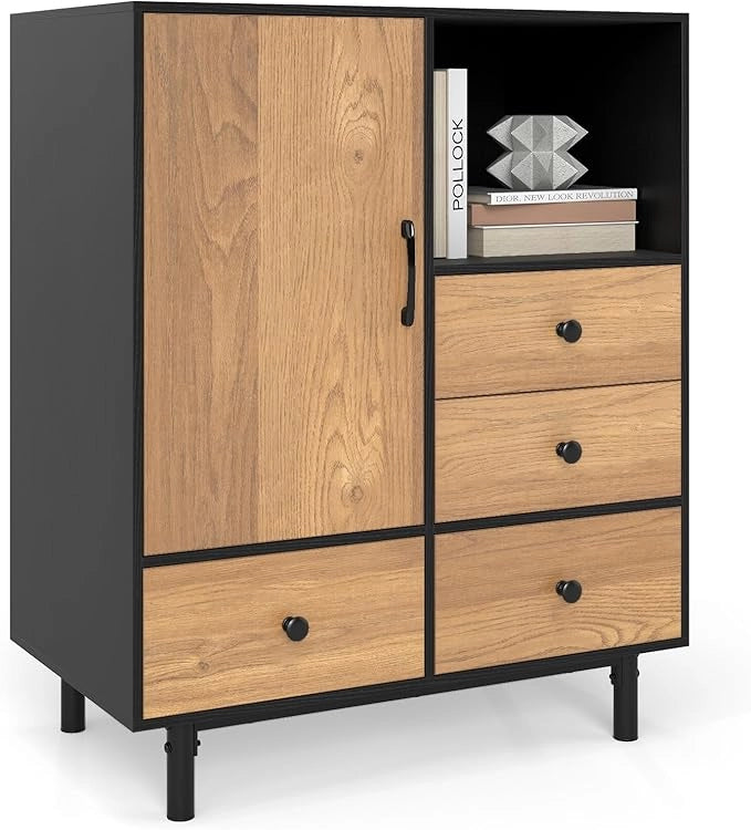 Credenza a Buffet, Armadietto da Cucina con 4 Cassetti, Scomparto Aperto e Gambe in Metallo, per Sala da Pranzo, Soggiorno, Ingresso, 80 x 45,5 x 97,5 cm (Nero)