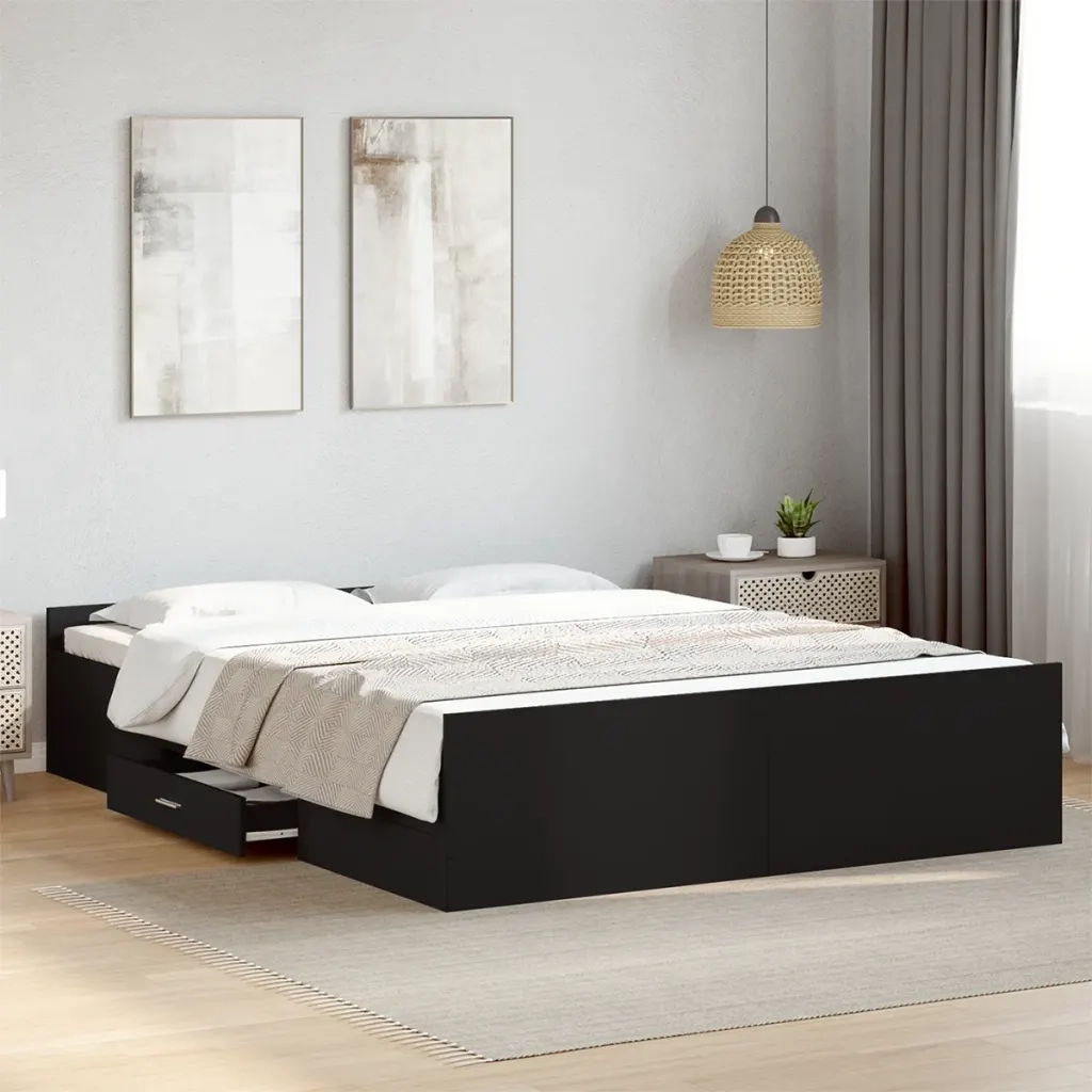 Letto matrimoniale | Letto per adulti | Giroletto con Cassetti Nero 150x200 cm in Legno Multistrato