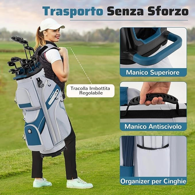Borsa Carrello da Golf, Sacca da Golf con Serratura e Divisori a 14 Vie, 11 Tasche, Sacca Isolante, Tracolla Imbottita, Maniglie, Porta Ombrello e Cappuccio Antipioggia