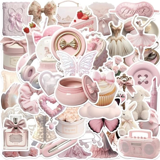 50 Sticker Set Rosa Pastello - Sticker Kawaii Estetici per Ombrellino, Laptop, Skateboard, Chitarra, Album Scrap, Giornale - Sticker Anime per Ragazze e Donne.