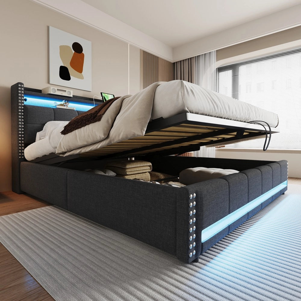 Letto Imbottito Contenitore Matrimoniale con LED e USB ¨C MINIMAL ¨C Tessuto Grigio 180x200