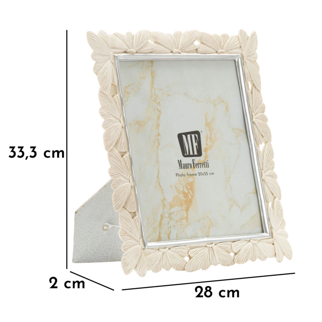 Cornice portafoto Butterfly in resina crema con farfalle e profili argento 20x25