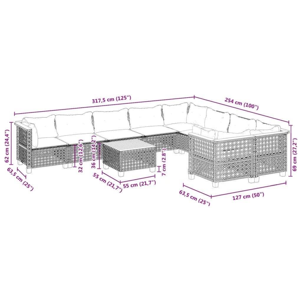 Set Divano da Giardino 10 pz con Cuscini Grigio in Polyrattan