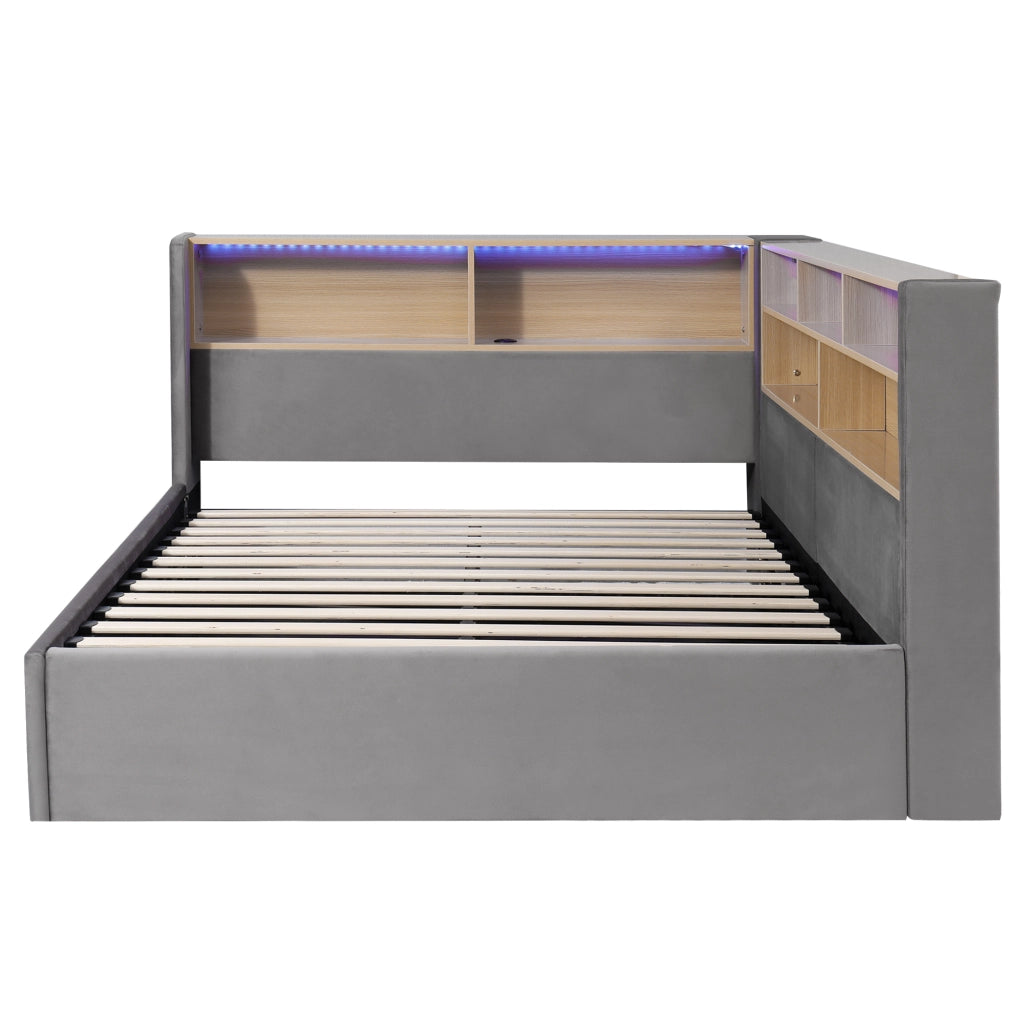 Letto contenitore 140x190 cm con sollevamento idraulico; LED; prese USB e rivestimento in velluto grigio