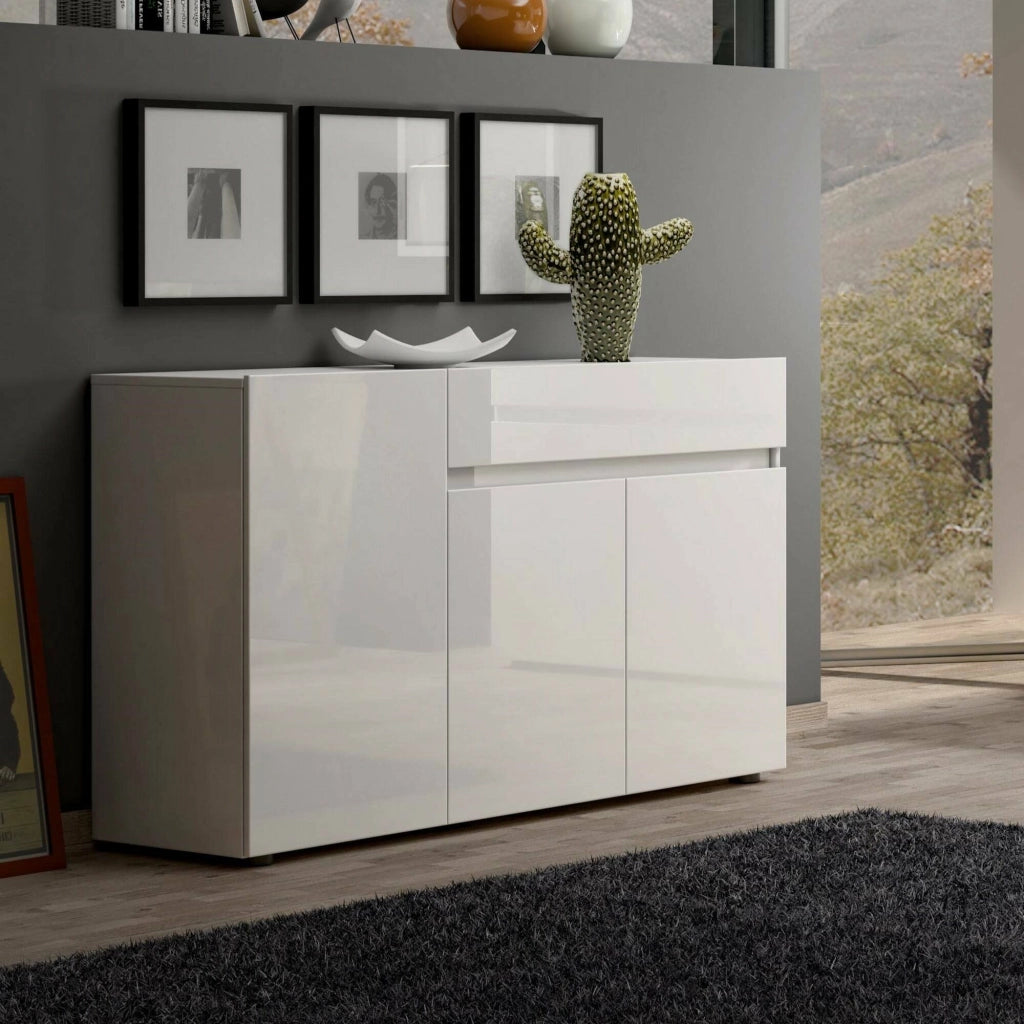Credenza Deodata, Buffet da soggiorno, Madia da salotto, Dispensa da cucina, Made in Italy, 135x38h79 cm, Bianco lucido
