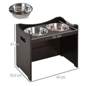 Mangiatoia rialzata regolabile in altezza con doppia ciotola in acciaio inox, MDF, colore caffè, 54x31,5x47 cm