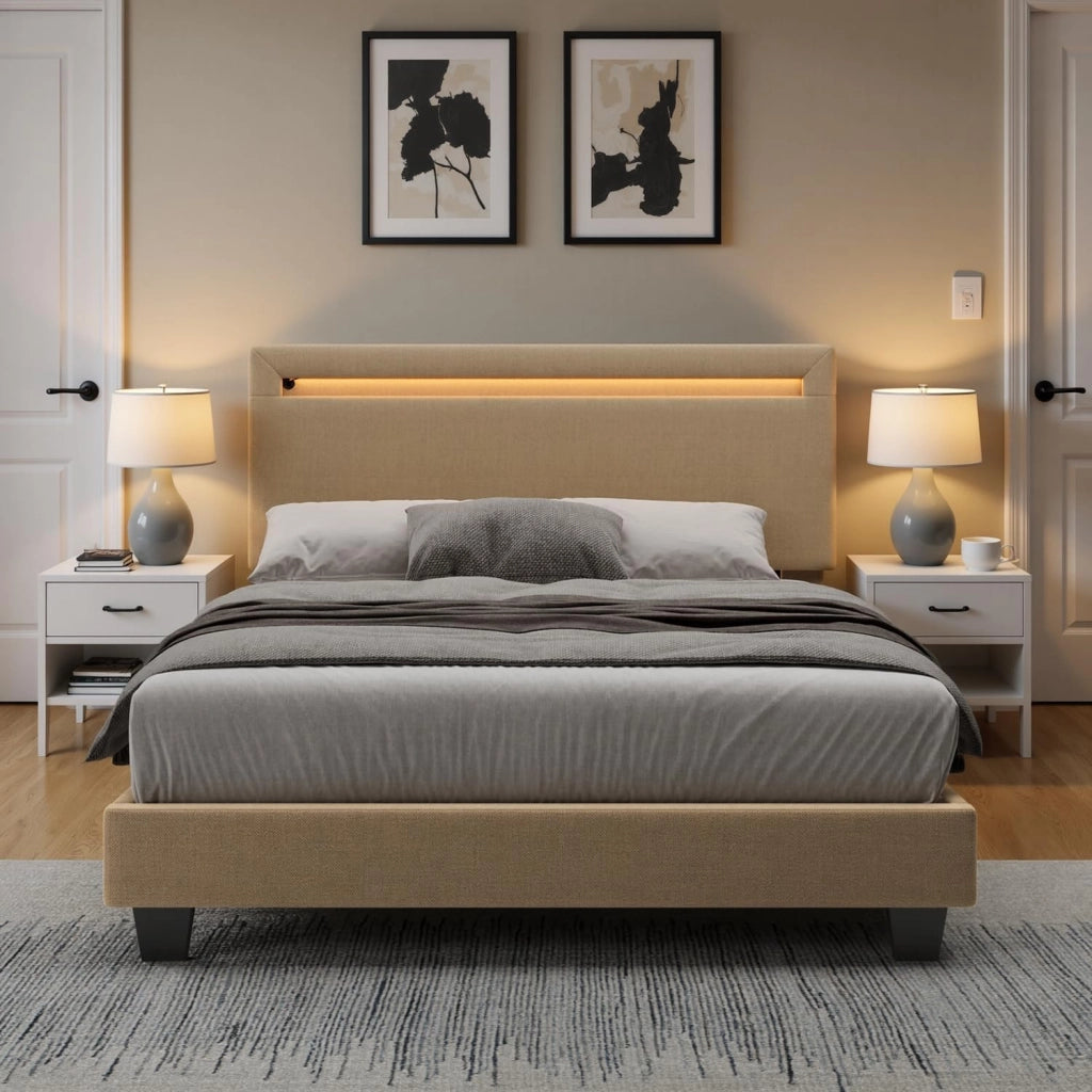 Letto imbottito 120x200cm con luce LED, Letto a piattaforma imbottito, Struttura in ferro, Testiera imbottita, Bse robusta, Adatto per camere degli ospiti (Beige)