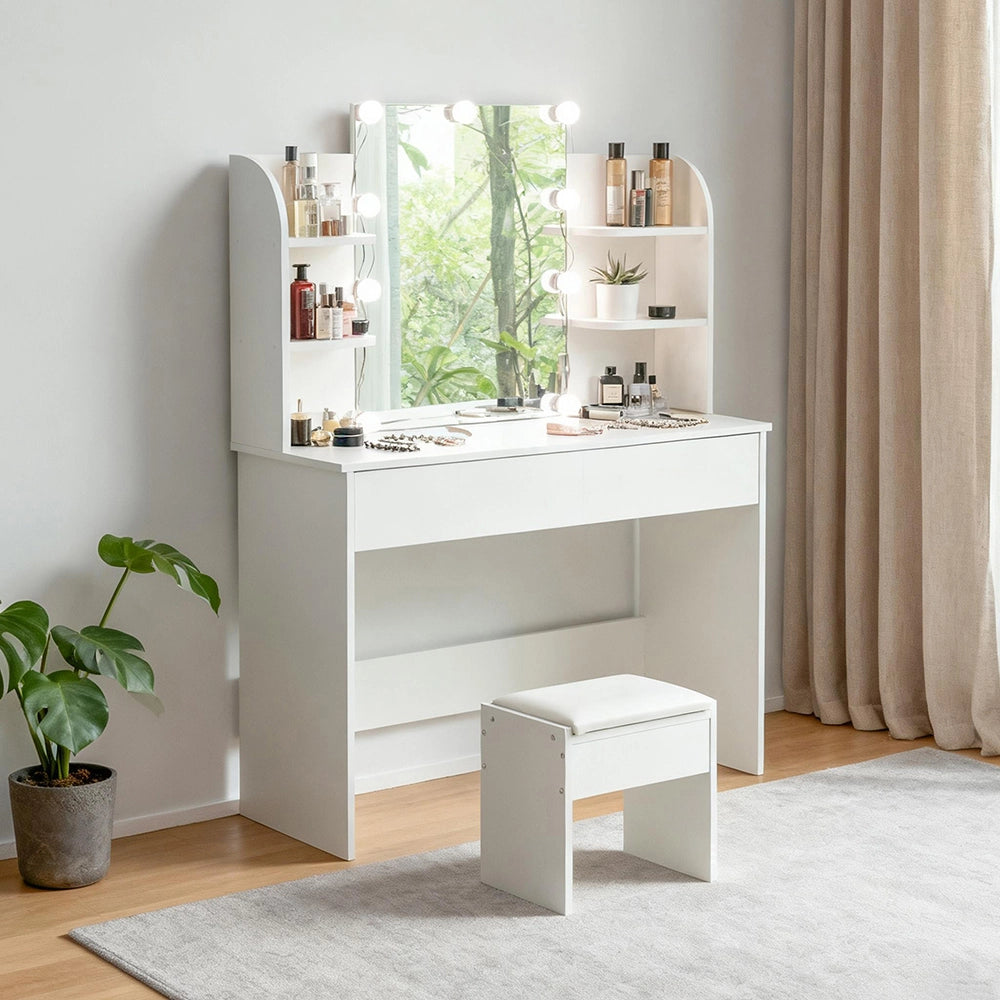 Toeletta con specchio - Xylo - LED, sgabello e 3 cassetti, bianco