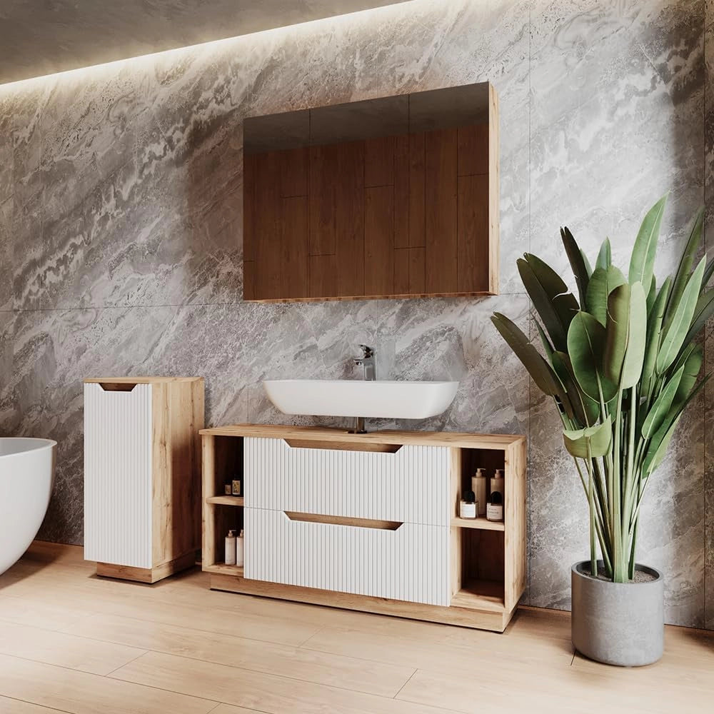 Set di mobili da bagno Lotta, Rovere/bianco a strisce, 3 parti