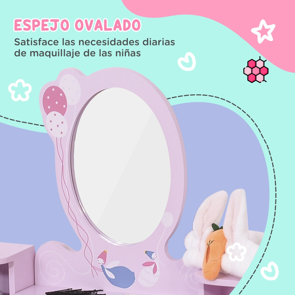 Tocador Principessa con Specchio e Sgabello per Bambine ¨C zephmum ¨C Legno Rosa 60x34x93 cm