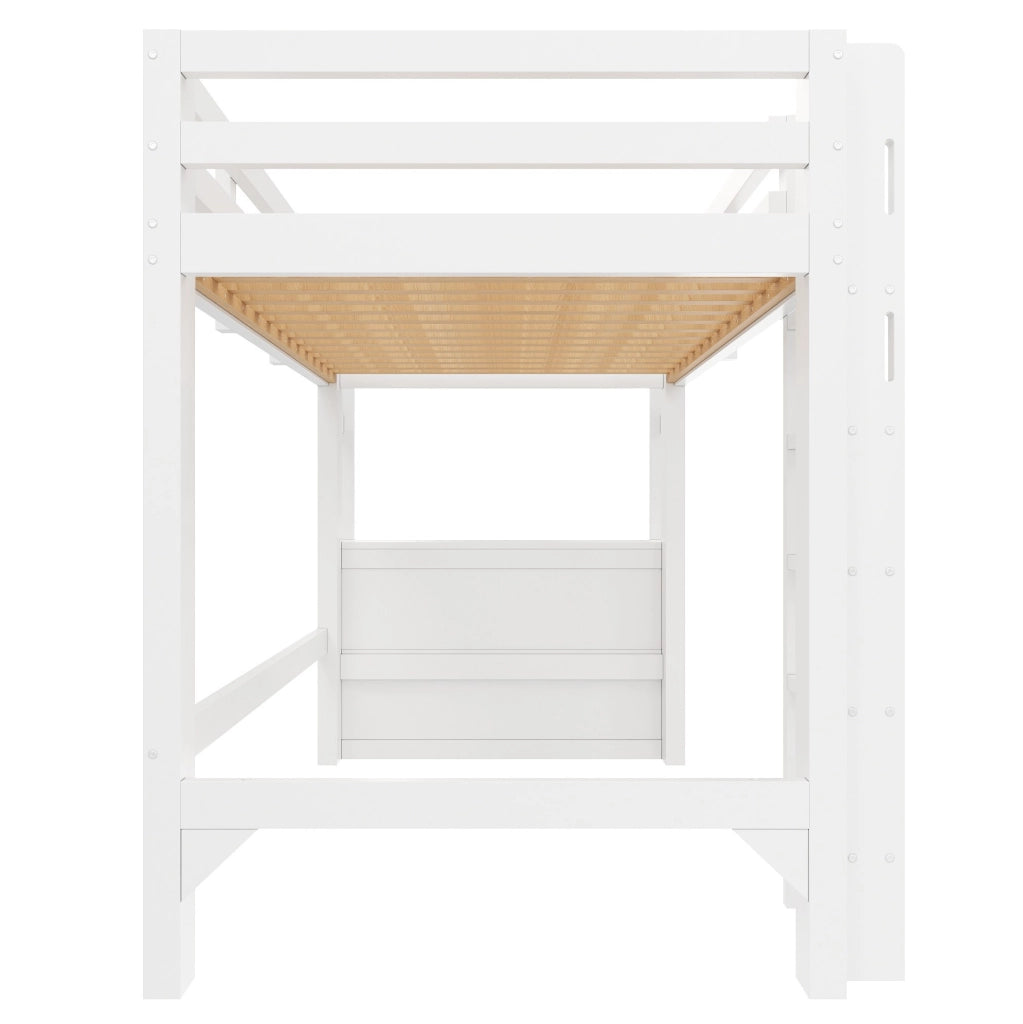 Letto a soppalco 90x200 cm con 3 cassetti; ripiani e luce LED; bianco in legno massello e MDF