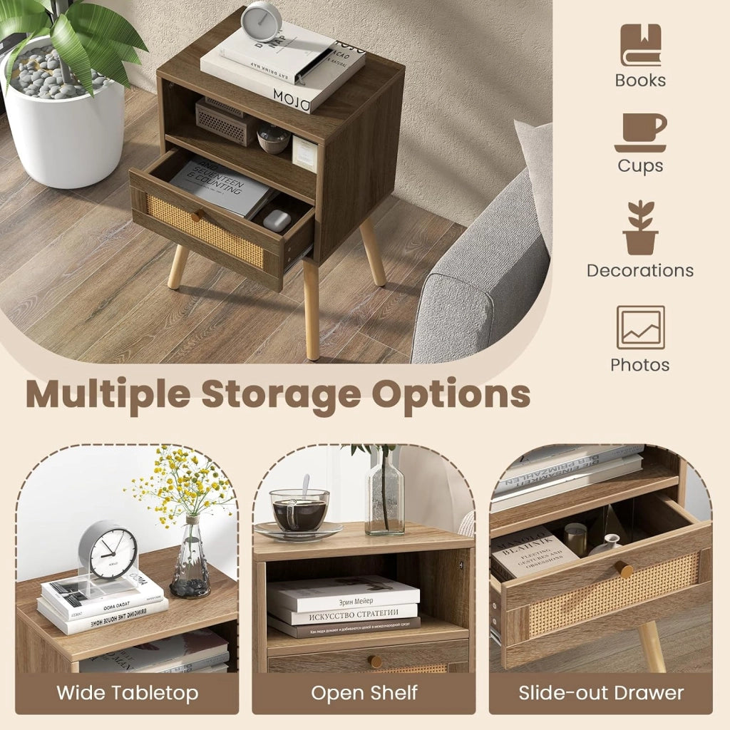 Set di 1/2 comodini, comodino con cassetto in rattan e vano aperto, tavolino laterale con gambe in pino, comodino per camera da letto, soggiorno, 40 x 30 x 60,5 cm (1)