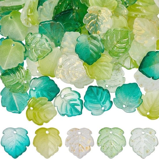 100 pezzi di spaziatori per gioielli in vetro trasparente a forma di foglia di ciliegio in primavera, verde, per DIY, accessori per collane, orecchini, anelli e catenelle per donne adulti