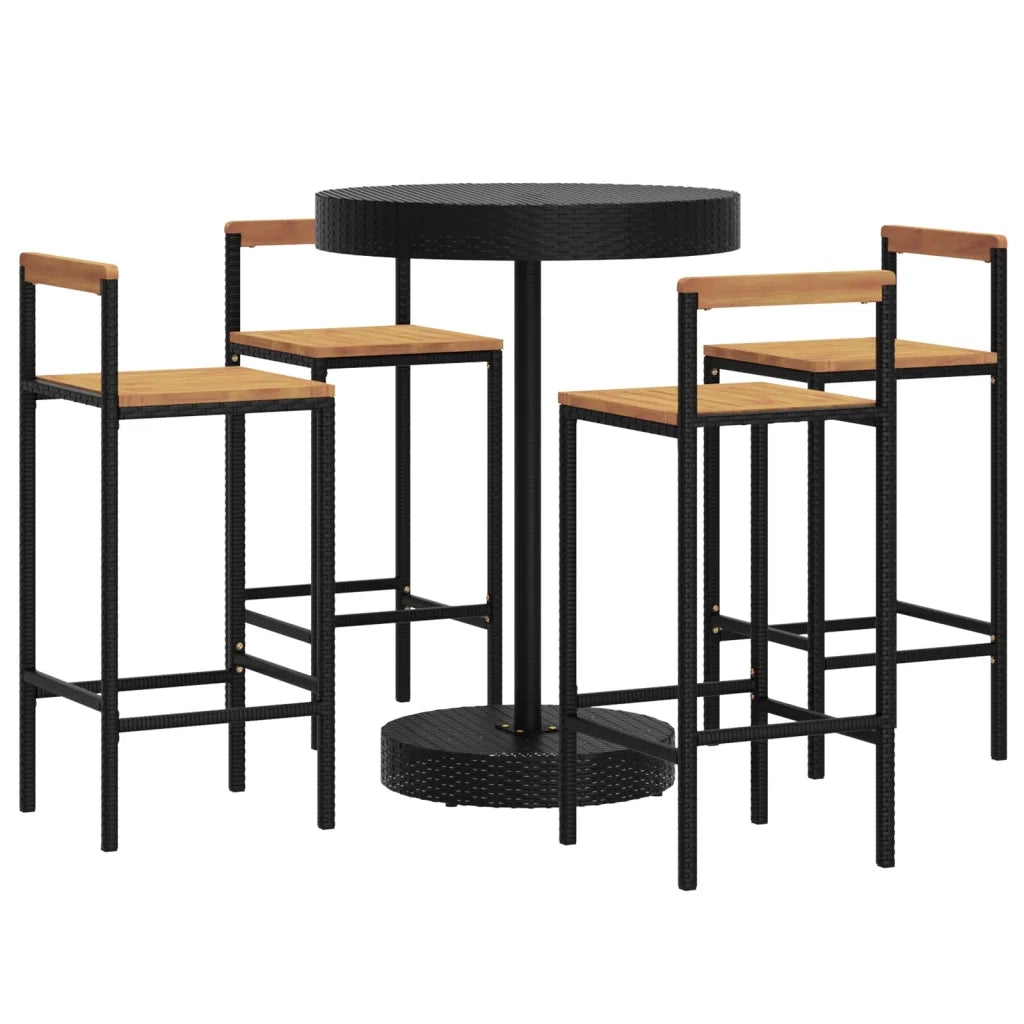 Set Bar Giardino 5 pz | Set Salotto da Giardino Nero Polyrattan e Legno Massello Acacia