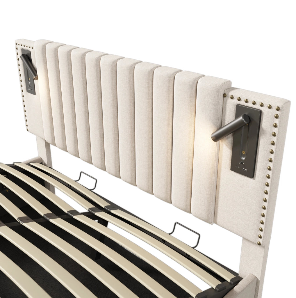 Letto matrimoniale 160x200 cm con contenitore; testiera regolabile con luci da lettura e porte USB; beige