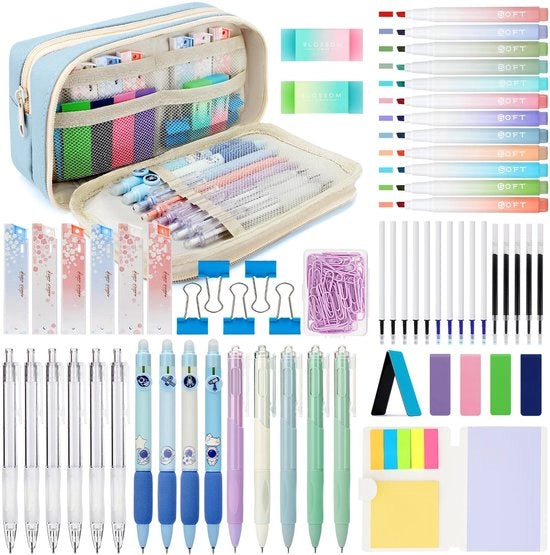 Set di scuola per ragazze con 63 pezzi, con astuccio, 12 pastelli pastello, 5 pennarelli gel, 6 matite meccaniche, 4 pennarelli gel cancellabili, set di scrittura e disegno per ragazze, colore blu.