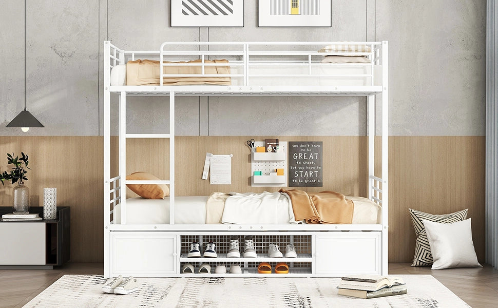 DESMIU Letto a Castello 2 Posti con Scala, Scarpiera e 2 Ante 90 × 200 cm, senza Materasso, Bianco