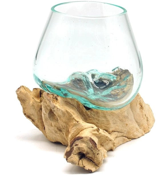 Vaso di vetro con radice in legno (legno di wortel, colore miele) con diametro di circa 11-12 cm, vaso in vetro con base in legno.