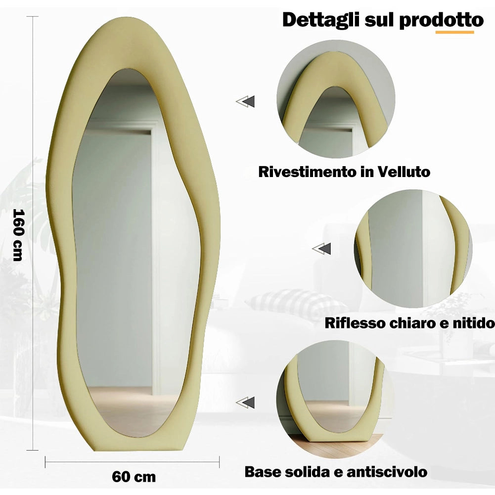 Specchio Grande Ondulato con Cornice Rivestimento in Velluto Verde 60 x 160 cm