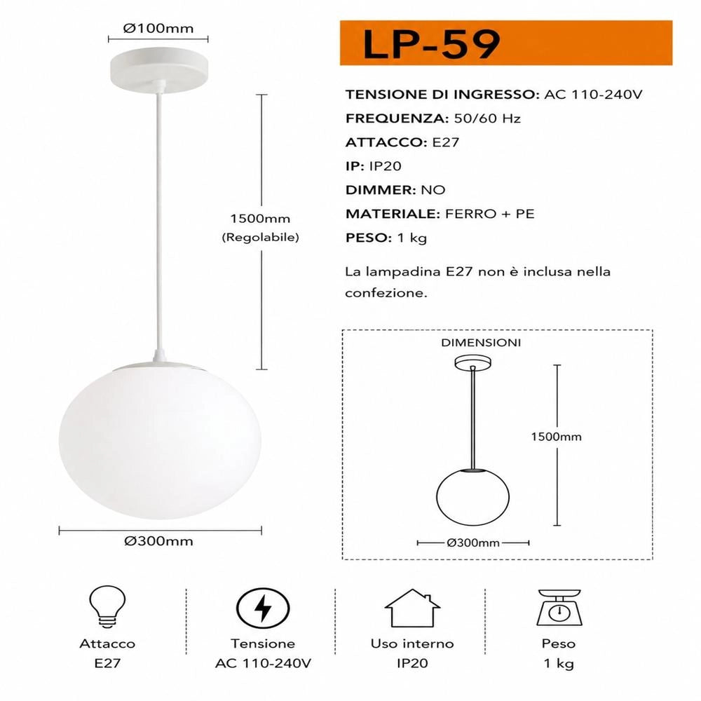 Lampadario Moderno a Sospensione Sfera Ø30 cm Bianco E27 Design Minimal per Cucina Soggiorno Sala da Pranzo