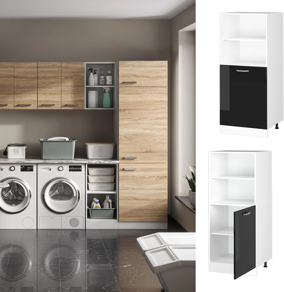 Dispensa universale R-Line, Nero lucido, 60 cm con ripiani aperti e anta, per la conservazione di utensili domestici e per la pulizia