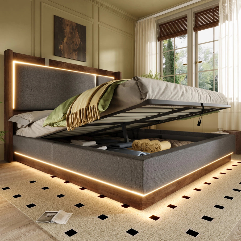 Letto imbottito 140x200 con LED, vano contenitore e rete a doghe