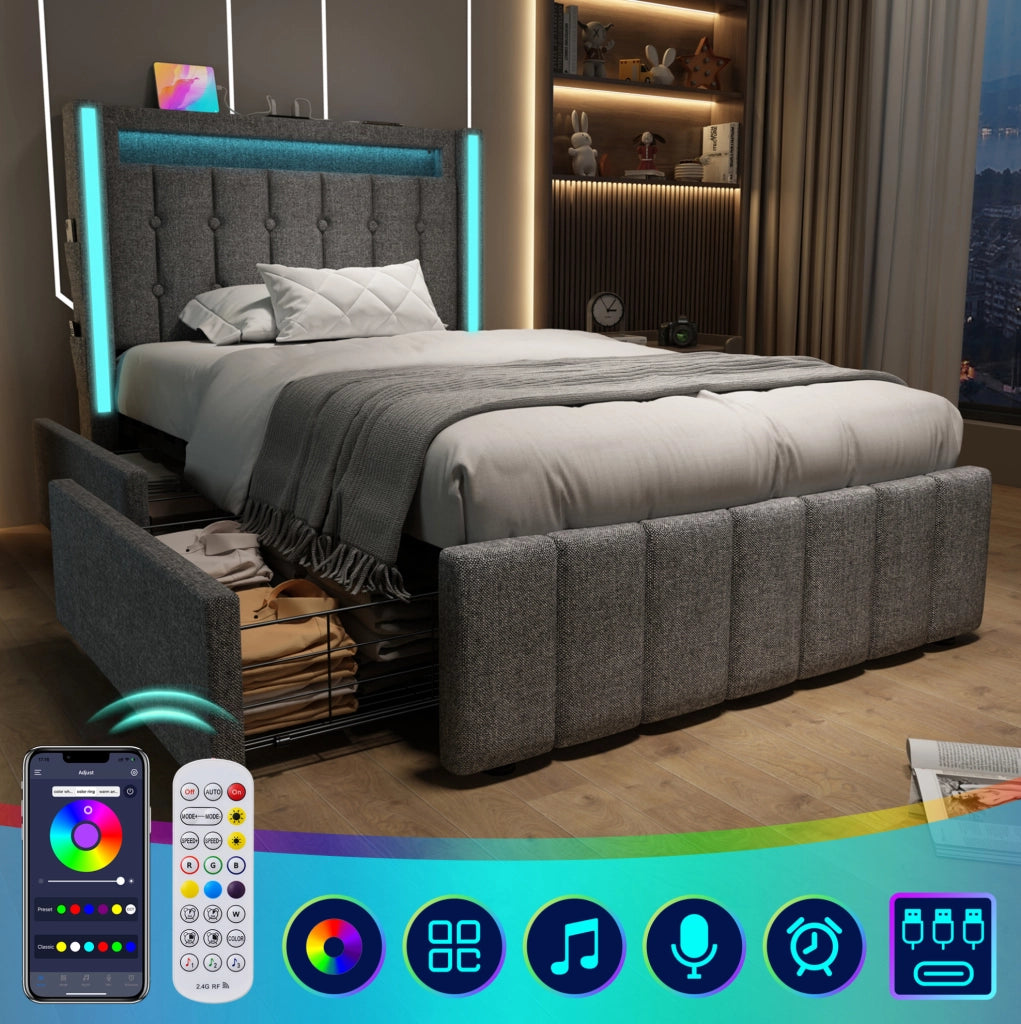 Letto singolo 90x200 cm con USB Type-C; LED e 2 cassetti; lino grigio