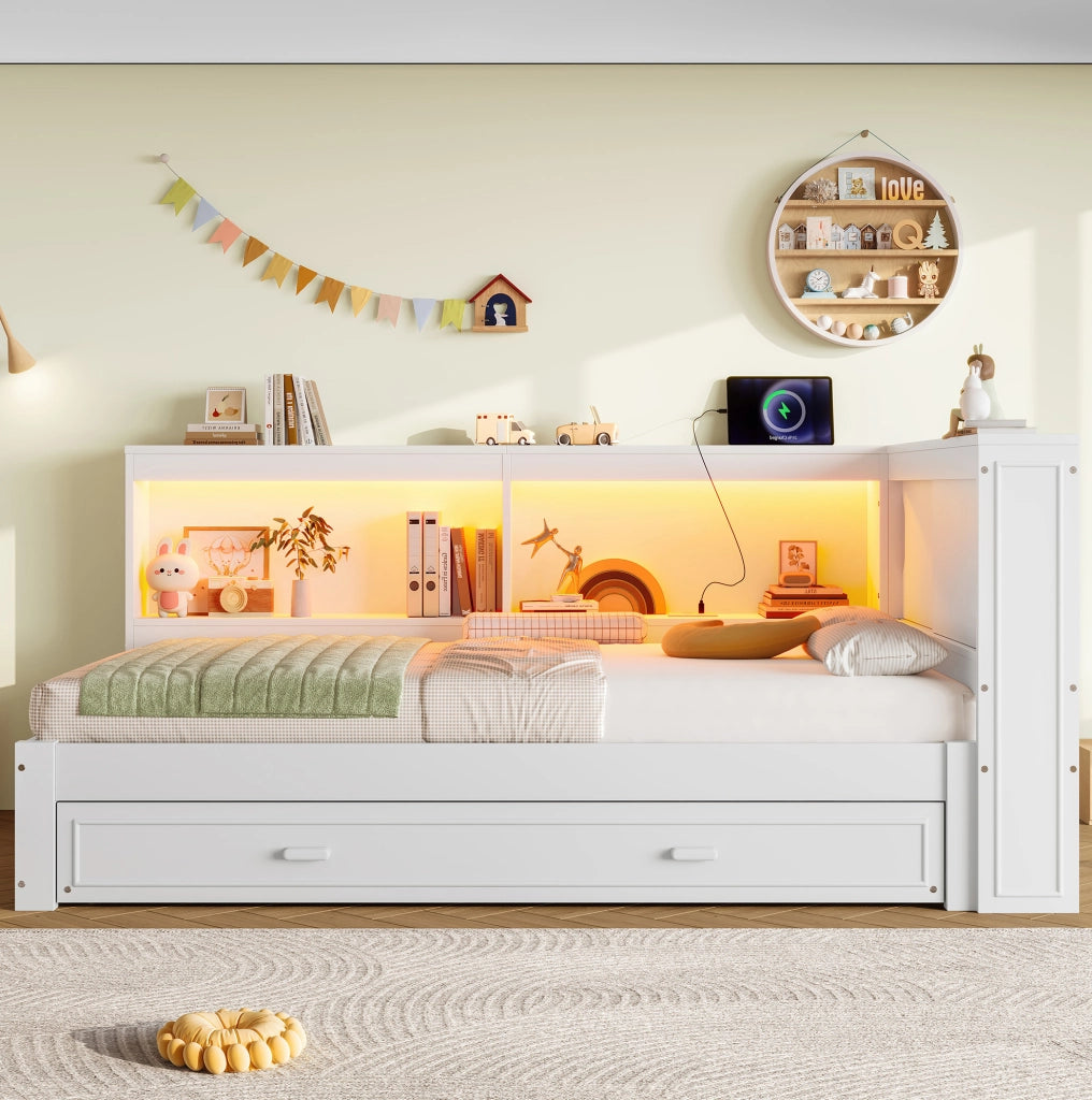 LETTO 90x200 cm con letto estraibile, LED, presa, USB e Type-C, Bianco