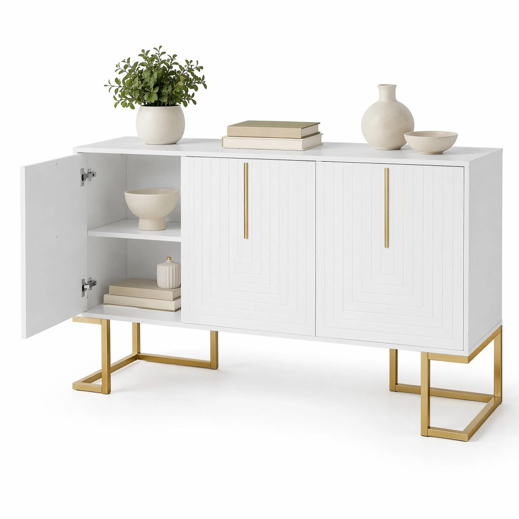 Credenza bianca in MDF e pannelli di particelle, 3 ante con ripiani regolabili
