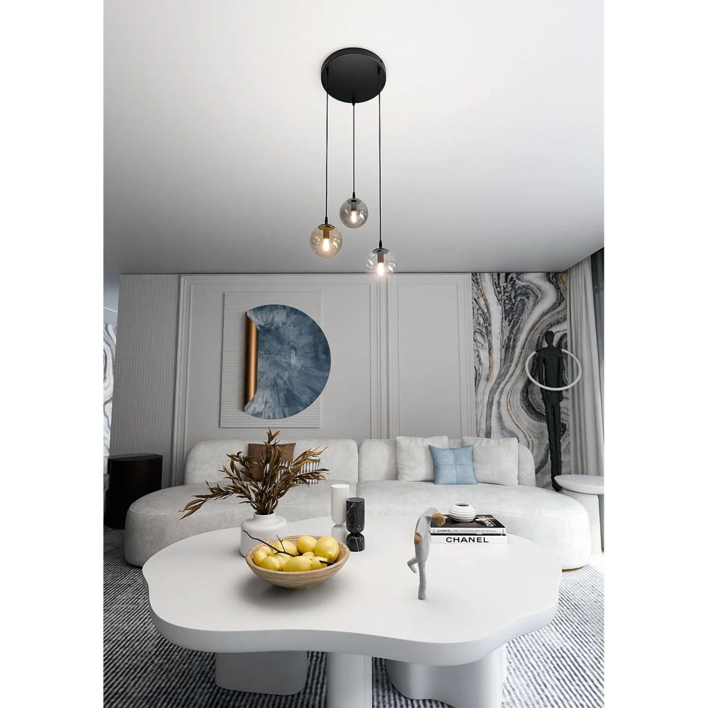 Sospensione 3 Luci Kali In Acciaio Nero Base Tonda E Sfere In Vetro Multicolor