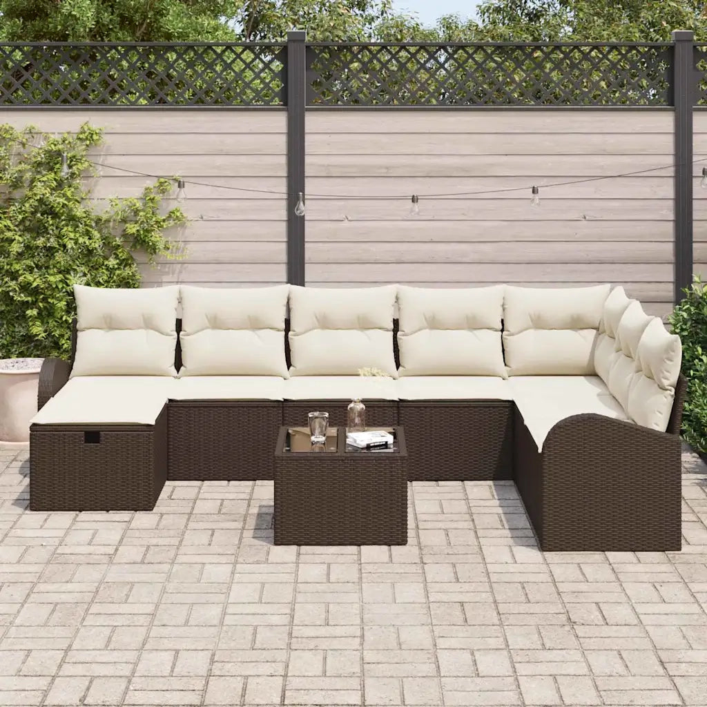 Set Divano da Giardino con cuscino 9 pcs Marrone Poly Rattan