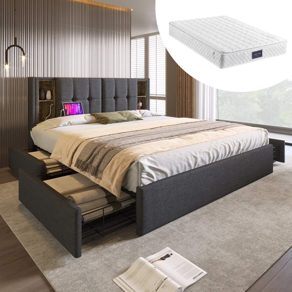 LETTO imbottito 160x200 cm Grigio in lino con ricarica wireless USB-C e materasso incluso