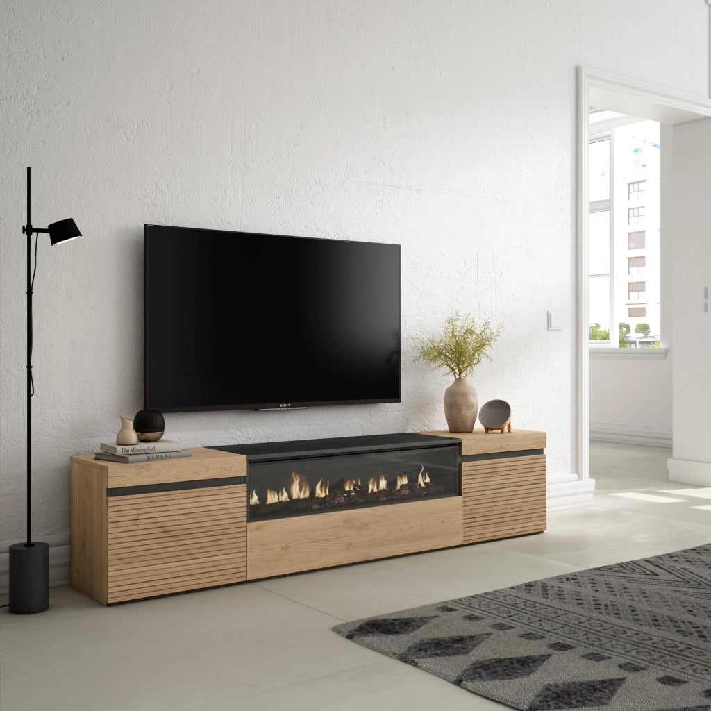 Mobile TV Soggiorno, 200x35x45cm, Per TV fino a 80", Camino elettrico, colore Rovere RF3315