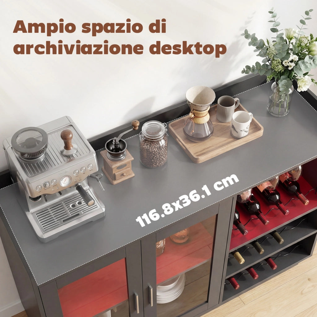 Mobile Portabottiglie con Luce LED e Scaffale Regolabile, in Legno e Vetro, 120x38x88 cm, Nero