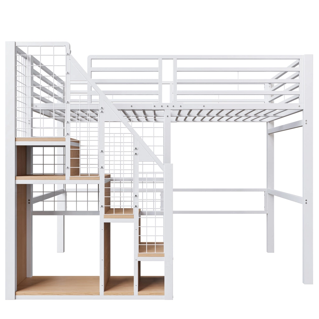 Letto a soppalco 140 × 200 cm con scala, contenitore integrato e barriera alta, senza materasso, in metallo, bianco
