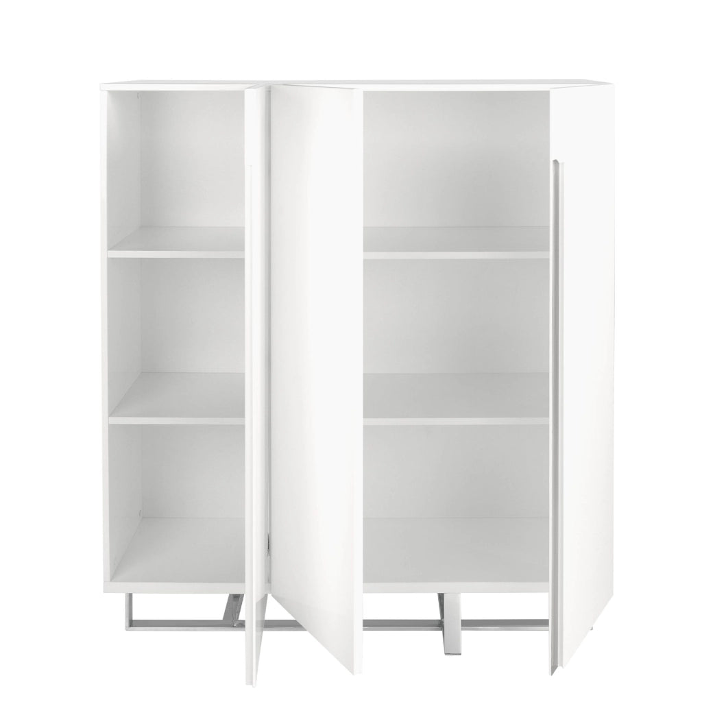Credenza alta in legno bianco e acciaio cromato