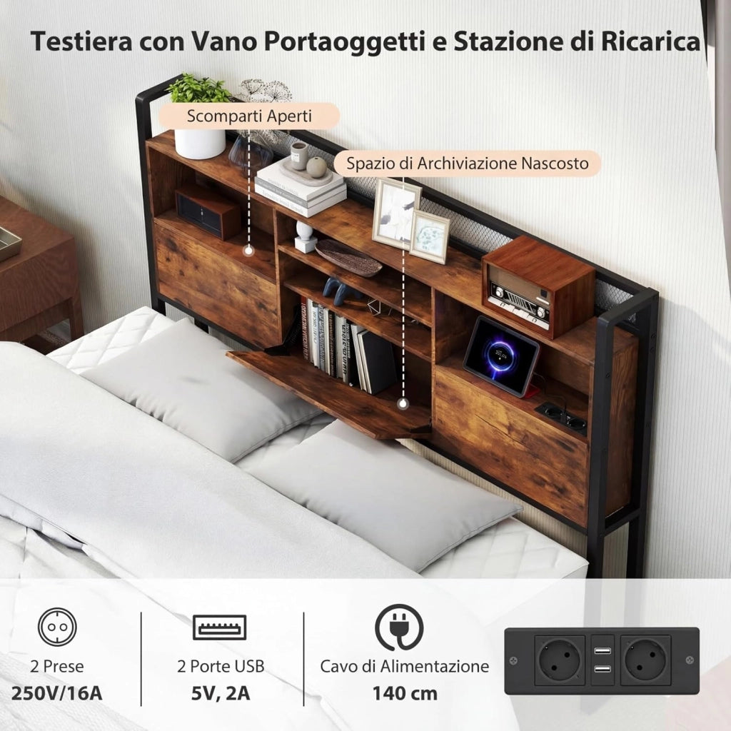 Struttura Letto con Testiera Contenitore, Letto a Piattaforma in Metallo con Stazione di Ricarica 3 Ripiani, Silenzioso, Carico Massimo 300kg (140 x 200cm Stile 2)