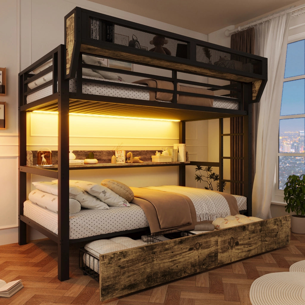 Letto a castello 90 × 200 cm 1 posto con ripiano, cestino, 2 cassetti e LED, senza materasso, in metallo MDF, nero