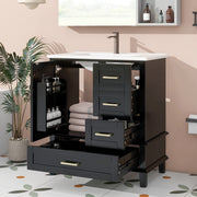 Mobile sottolavabo con lavabo in ceramica, 3 ante, 1 cassetto e ripiano regolabile, per bagno, nero, 76 × 45,5 × 83,5 cm
