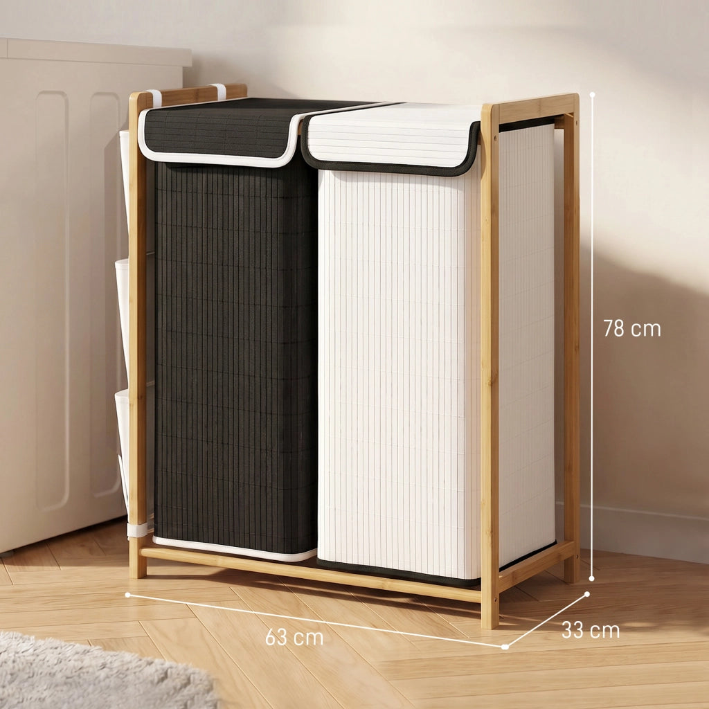 Cesto Portabiancheria 63x33x78 cm 2 Scomparti 120L con Coperchi Tasche Laterali Sacchi Estraibili in Bambù e Poliestere