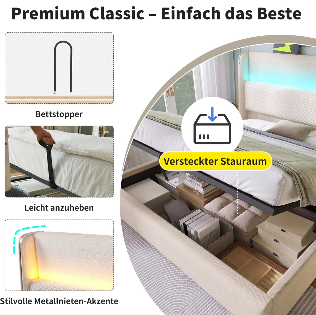 Letto con testiera alta, LED e ricarica, beige, 90x200 cm