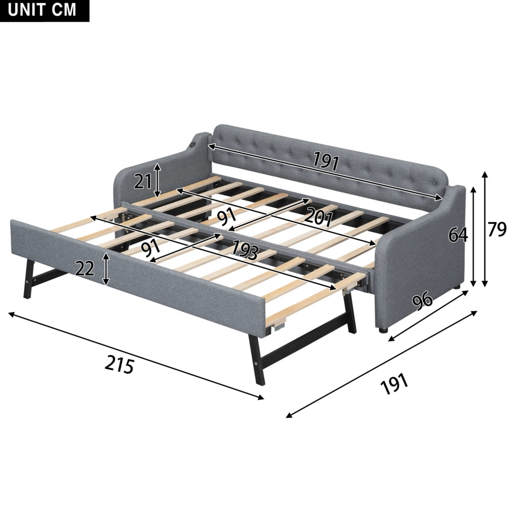 Divano letto estraibile 90x200 cm grigio con presa USB e rete a doghe