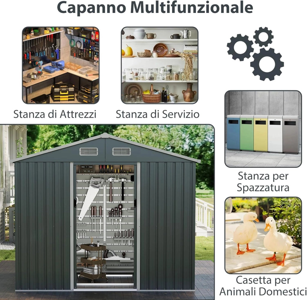 Casetta da Giardino 3,66㎡, Capanno da Esterno con Tetto Spiovente e Porte Scorrevoli, 4 Prese d'Aria e Base, in Metallo Zincato Resistente alle Intemperie, 235 x 171 x 196 cm