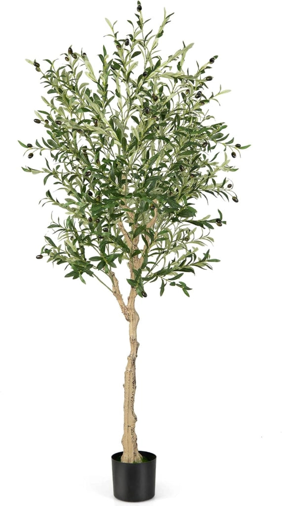 Pianta Finta da Interno da 182 cm, Olivo Artificiale da 2 Pezzi con Vaso di Cemento, 1296 Foglie e 72 Frutti, Pianta Finta per Soggiorno, Ufficio e Negozio (2)