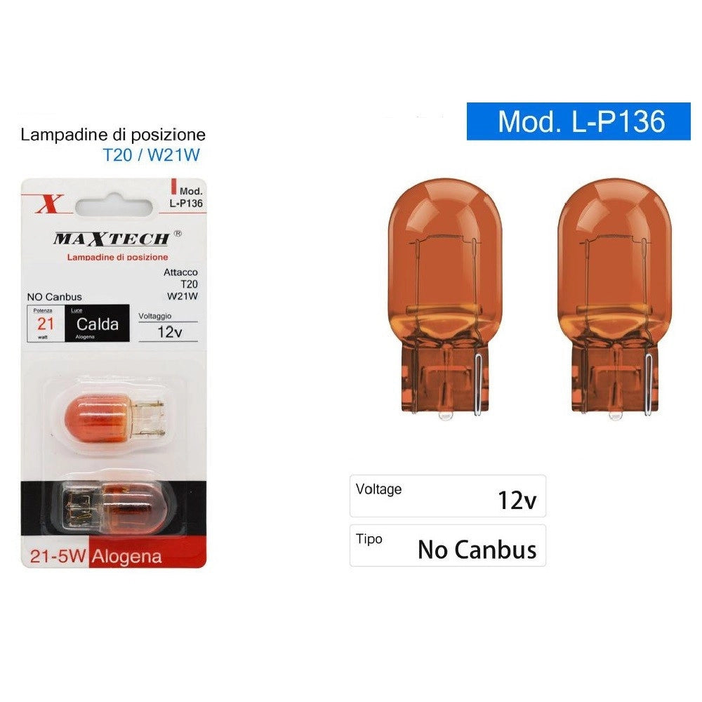 Trade Shop - Lampadine Di Posizione Auto T20 W21w 12v 21w No Canbus Luce Calda Alogena L-p136 -