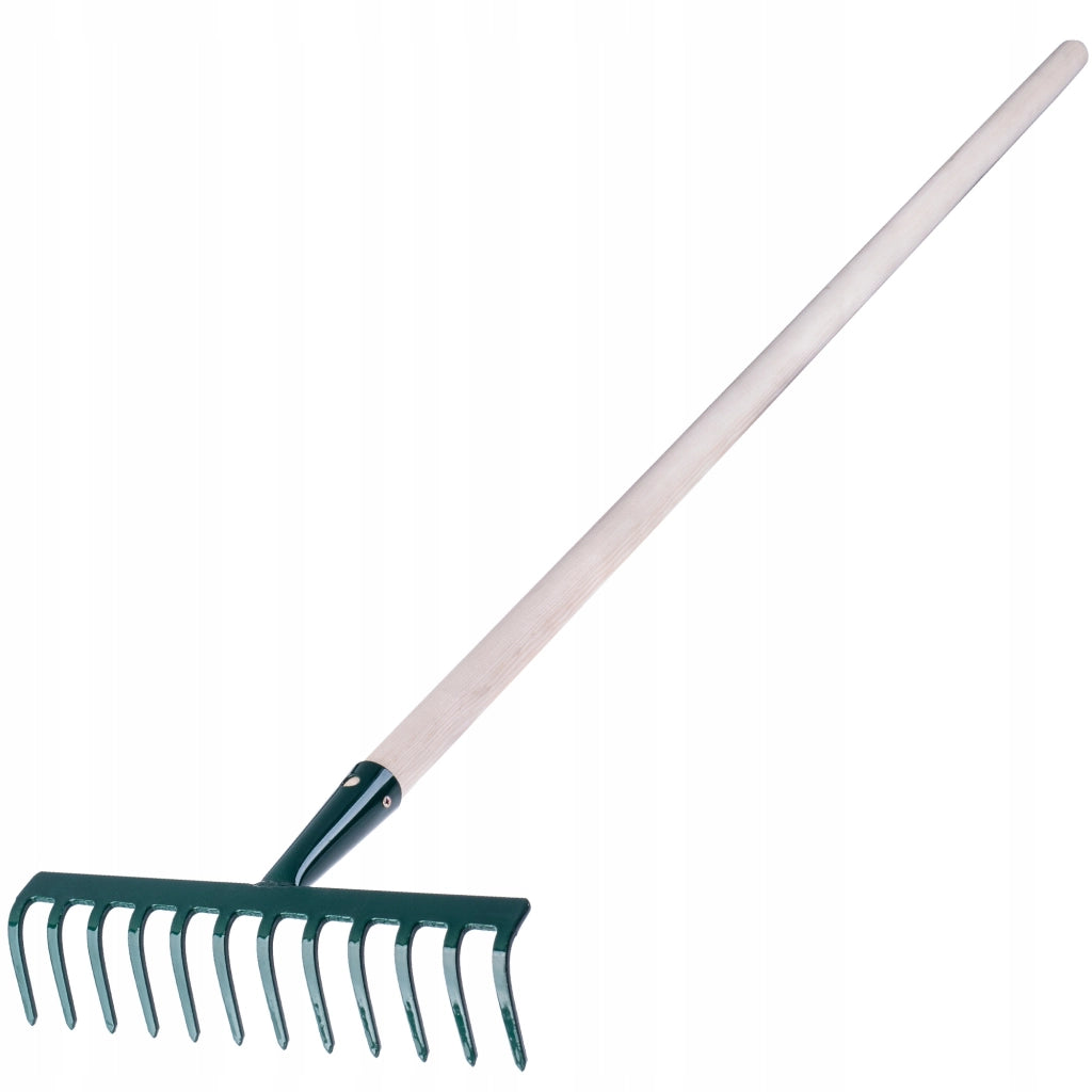Rastrello per foglie KADAX, per giardino ed erba, con manico in legno, 138 cm, rastrello solido a 12 denti.