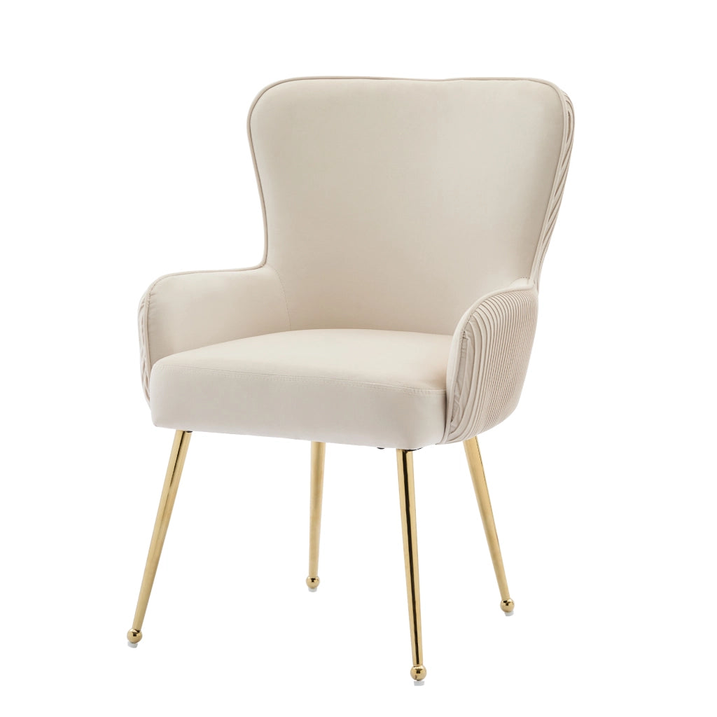 Sedia da pranzo in velluto beige e oro, set 2 pezzi, con braccioli, supporto lombare e gambe in metallo regolabili