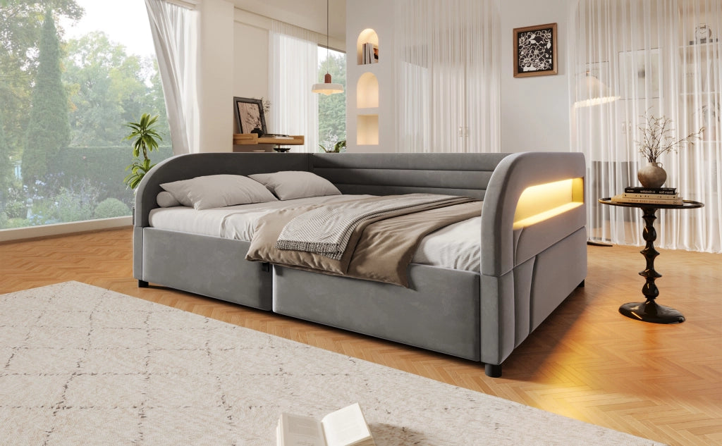 Letto imbottito con contenitore idraulico e LED, 140x200 cm, grigio